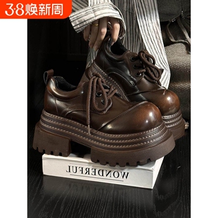 欧货真皮厚底小皮鞋女英伦风圆头加绒德比鞋小个子增高乐福鞋单鞋