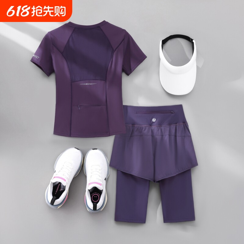 后口袋健身衣服女套装夏季短袖显瘦瑜伽服可放手机速干跑步训练服