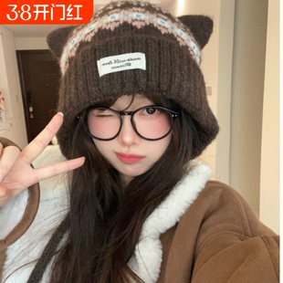 可爱猫耳朵费尔岛毛线帽女冬季加绒保暖帽子包头帽针织帽显脸小潮