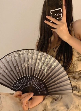 中国风折叠小扇子随身携带古风汉服古装舞蹈新中式夏天黑色竹扇女