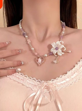 春夏紫色串珠鸢尾项链甜美配裙子锁骨链小众设计精致高级感配饰