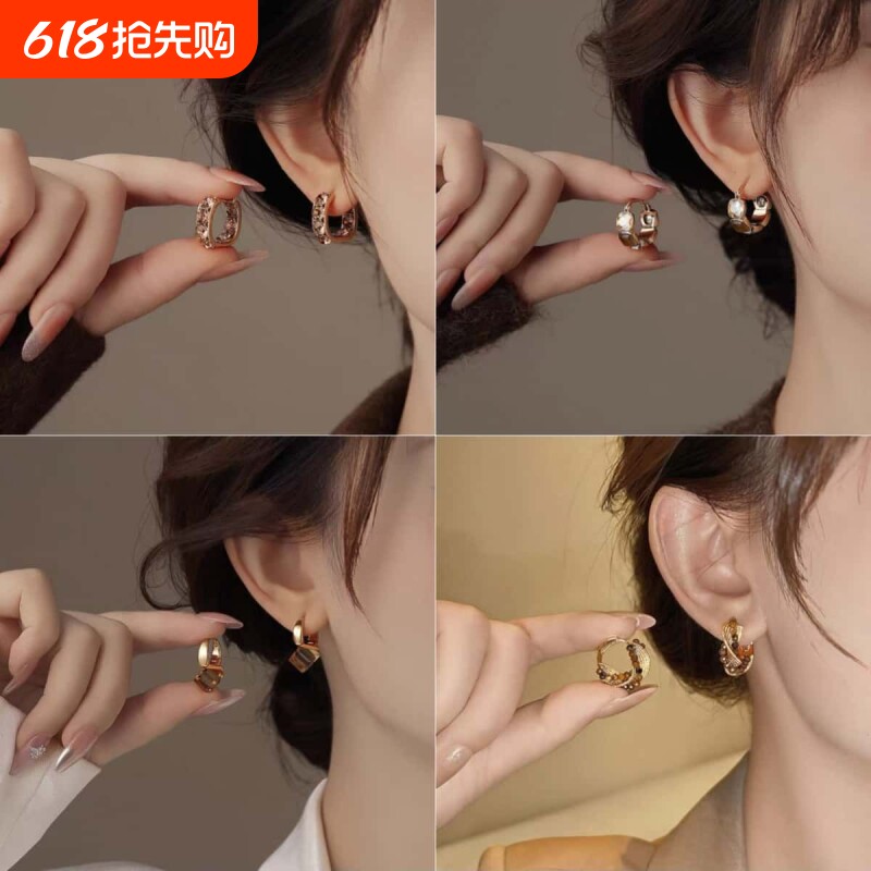 轻奢高级感咖色满钻方形耳扣女复古港风耳环时尚气质百搭超闪耳饰