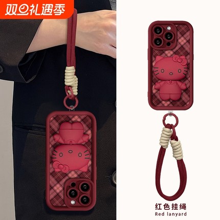 适用vivox100手机壳格纹vivos19格纹猫支架挂绳s18pro小羊皮s17/x90pro新女款x80/x60红色s16/s15磨砂s12防摔