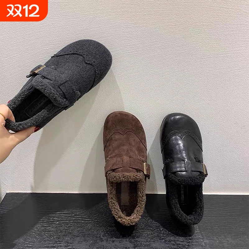 厚底软底加绒勃肯鞋毛毛鞋女秋冬新款保暖棉鞋雪地鞋单鞋灰色毛绒