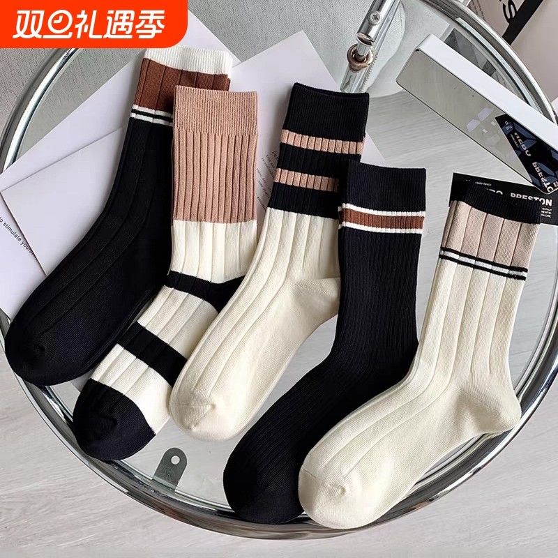 袜子女中筒袜潮百搭日系高颜值森系男女袜堆堆袜女士无骨条纹袜子