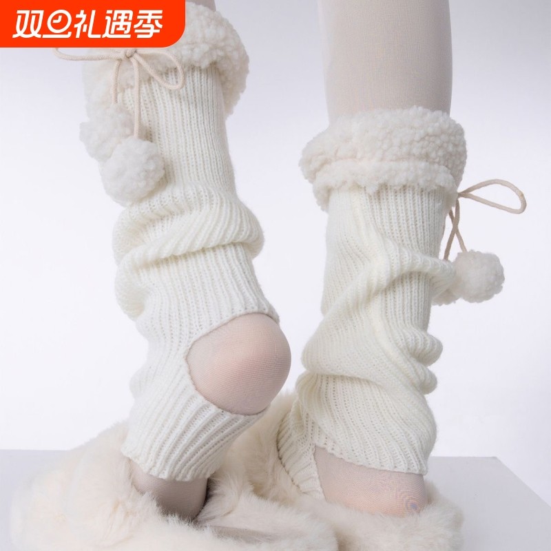 羊羔毛针织袜套秋冬加厚踩脚lolita可爱毛绒腿套日系花边中筒袜套