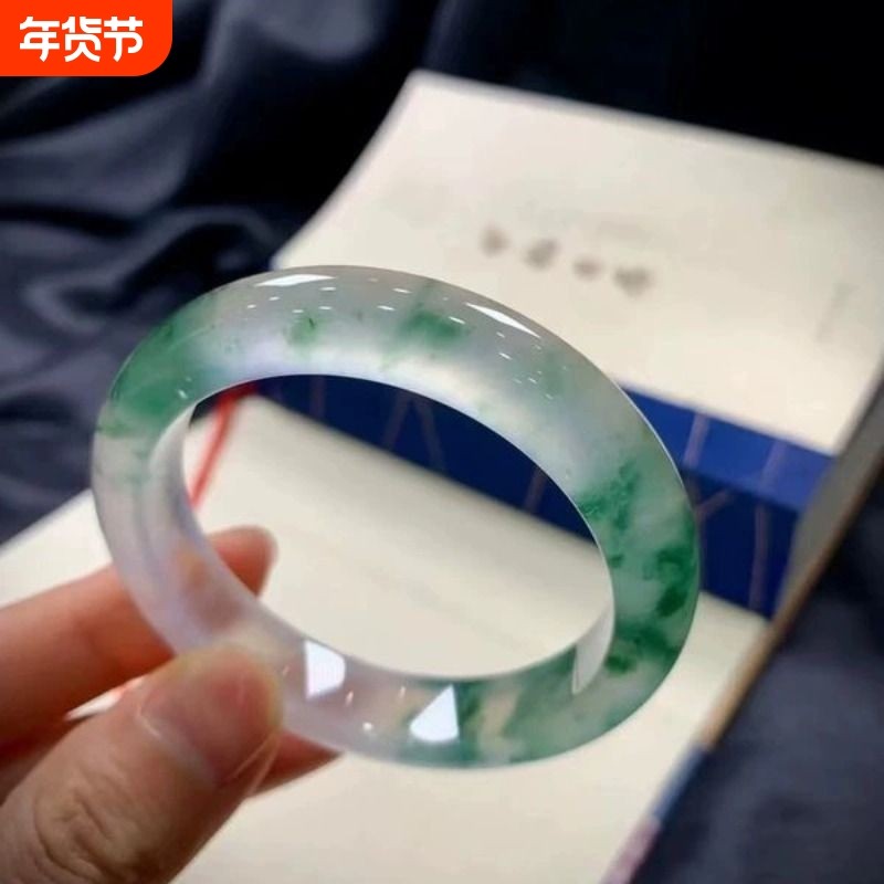 新款独龙玉手镯冰飘蓝花女士手镯仿翡翠色平替高冰飘花冰种玉手镯