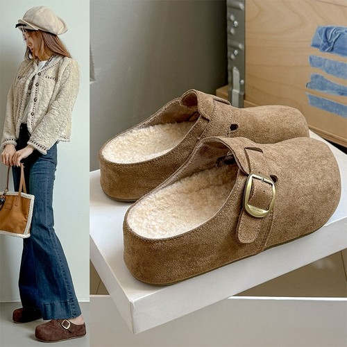 厚底内增高勃肯鞋女外穿2025新款秋冬加绒保暖棉鞋包头半拖鞋毛绒