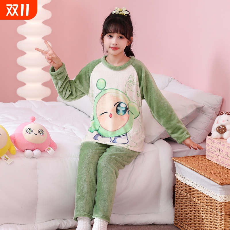 儿童珊瑚家居服冬季薄款宝宝保暖男女童中大童法兰绒卡通套装睡衣
