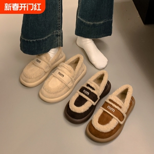 字母毛毛鞋女冬季外穿新款懒人一脚蹬厚底加绒棉鞋乐福鞋子勃肯鞋
