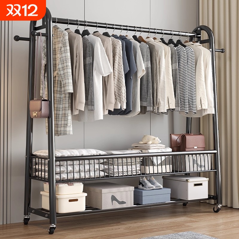落地双层可移动衣帽架多功能