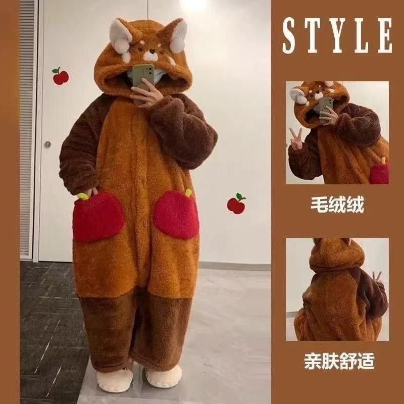 秋冬可爱小浣熊珊瑚绒睡袍女冬季加绒加厚居家服情侣睡衣绿色黑色
