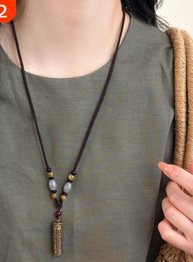 新中式可打开盒黄铜吊坠项链女2025新款民族风挂绳毛衣链配饰编织