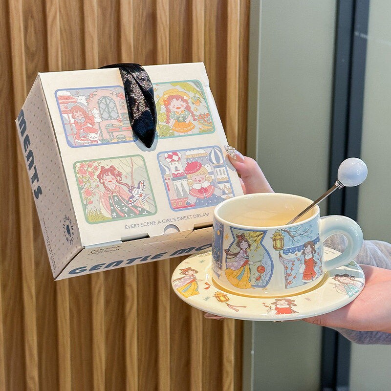 ins风可爱卡通陶瓷马克杯高颜值咖啡杯碟礼盒装下午茶拿铁拉花杯
