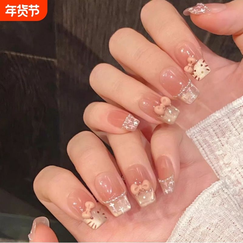 【甜心猫咪】腮红法式猫眼粉色可爱甜美蝴蝶结短款纯手工穿戴美甲,彩妆/香水/美妆工具,穿戴甲/甲片,淘宝优惠券,粉丝福利购,淘宝优惠卷