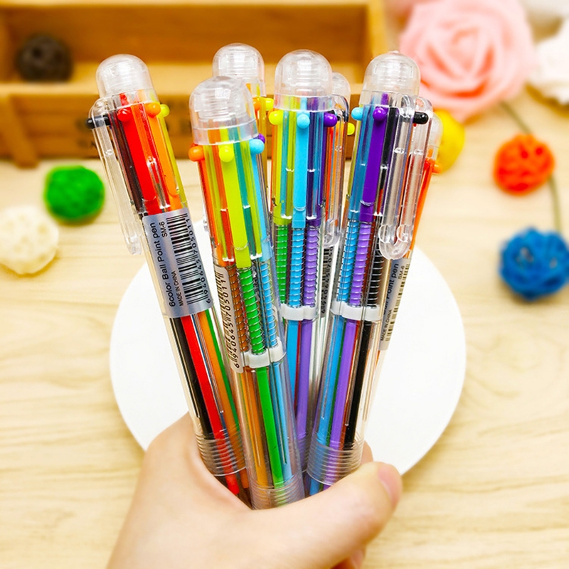 6色圆珠笔多色手账笔韩国创意文具学生简约可爱多功能按动彩色笔创意油笔
