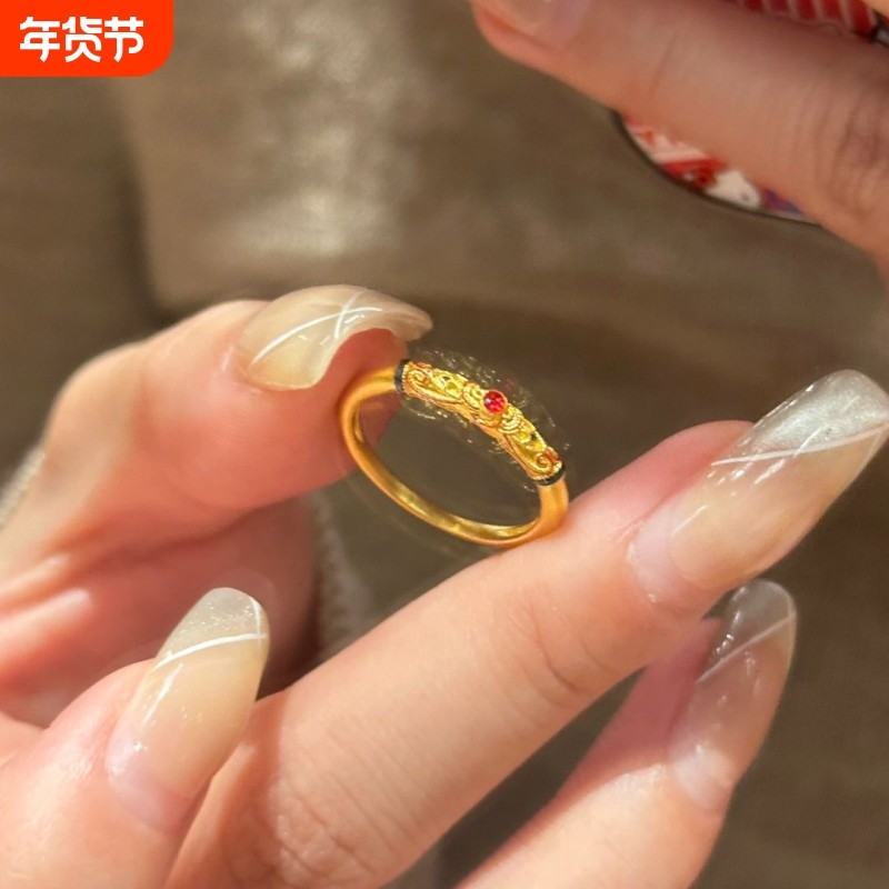 新中式古法精致复古金色珐琅花丝雕纹戒指女轻奢高级感可调节指环