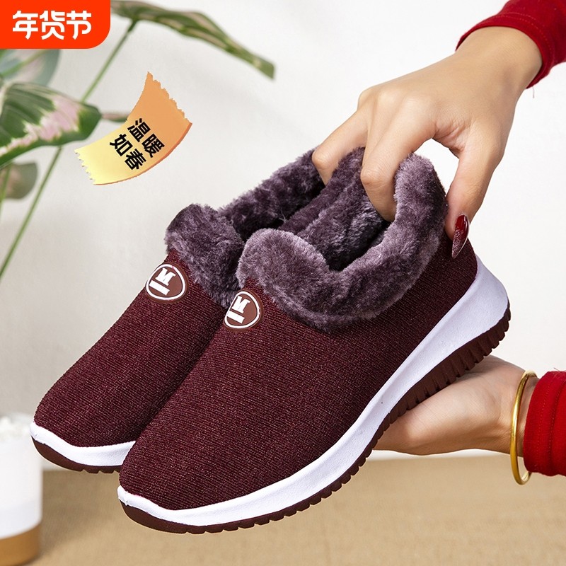 新款老北京布鞋女加绒保暖软底妈妈棉布鞋老人冬季防滑鞋子平底