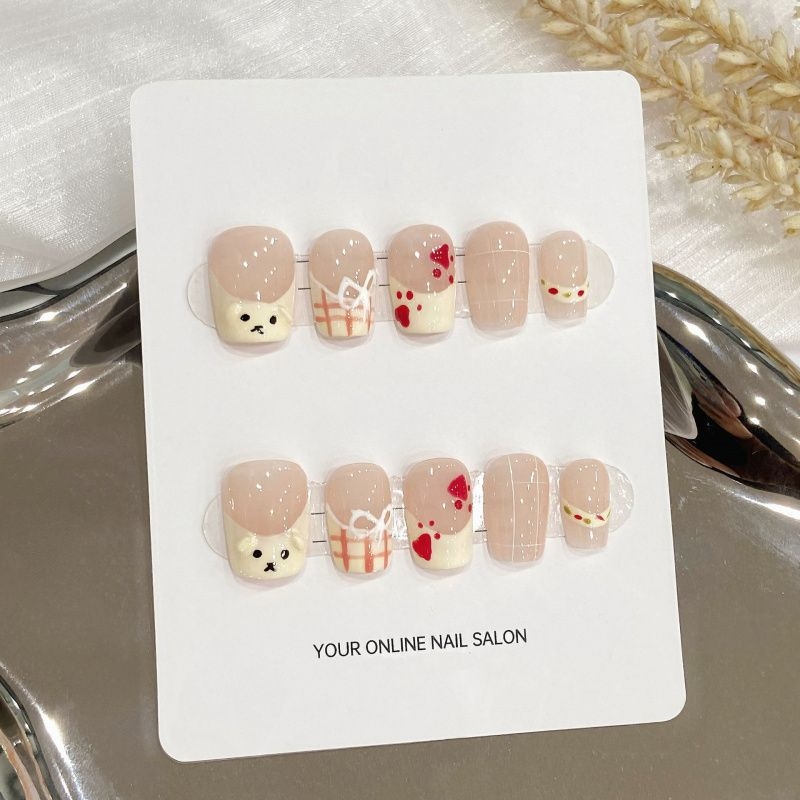 实拍卡通手绘穿戴甲短款法式猫爪夏日奶芙百搭网红款