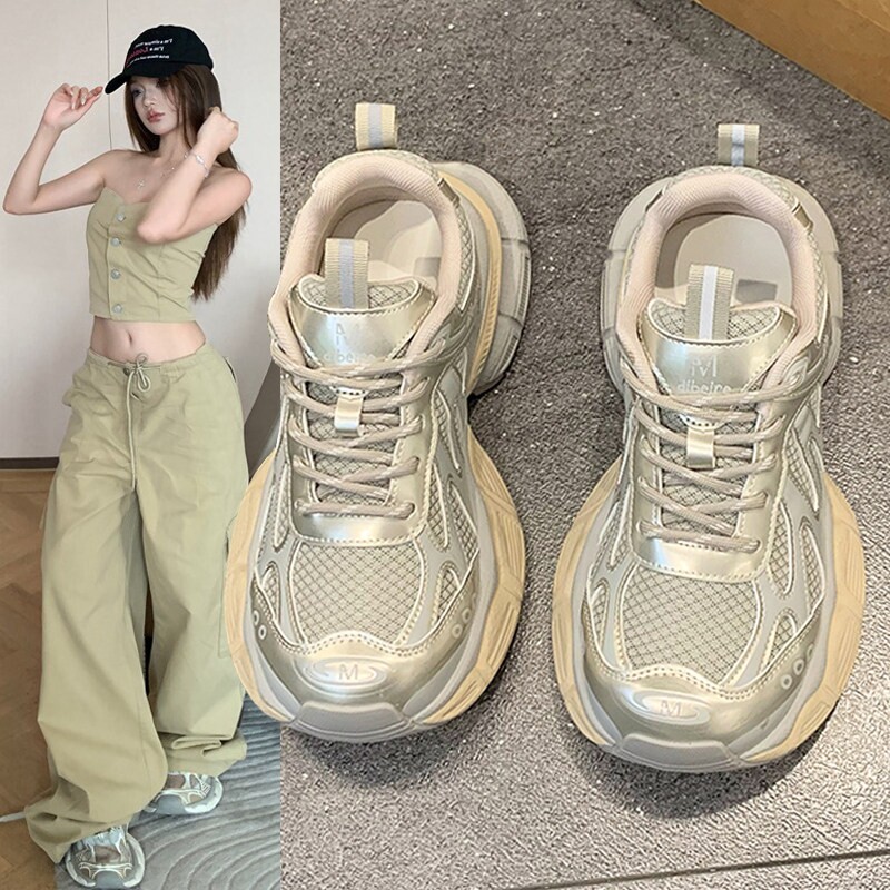 啄木鸟老爹鞋女夏2026新款秋季透气网厚底增高休闲鞋百搭跑步运动