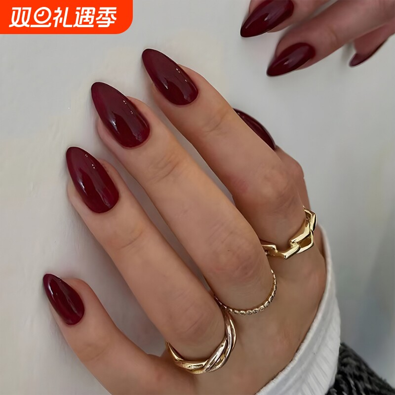 30片简约穿戴甲片 酒红色纯色甲片美甲 外贸优雅气质指甲贴片