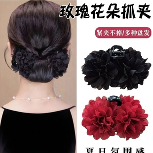 黑色玫瑰花瓣抓夹女夏后脑勺盘发夹高马尾夹丸子头半扎发饰头饰