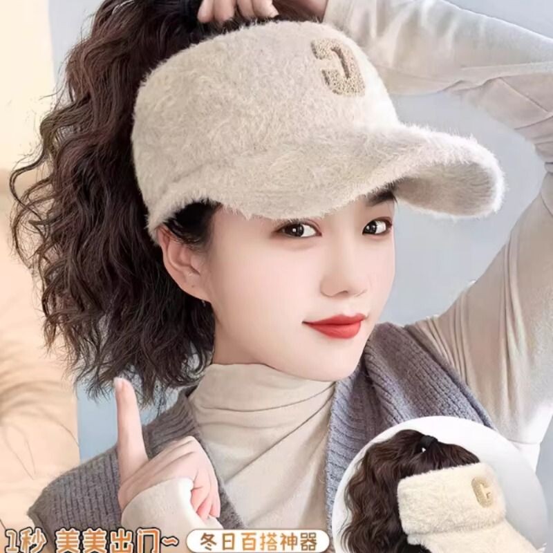 帽子假发马尾一体女水貂绒空顶鸭舌帽高马尾玉米须时尚直发马尾帽