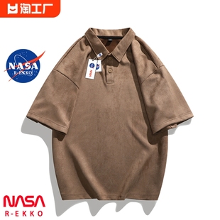 复古做旧重磅t恤潮牌情侣装 NASA联名美式 男夏季 麂皮绒短袖 Polo衫
