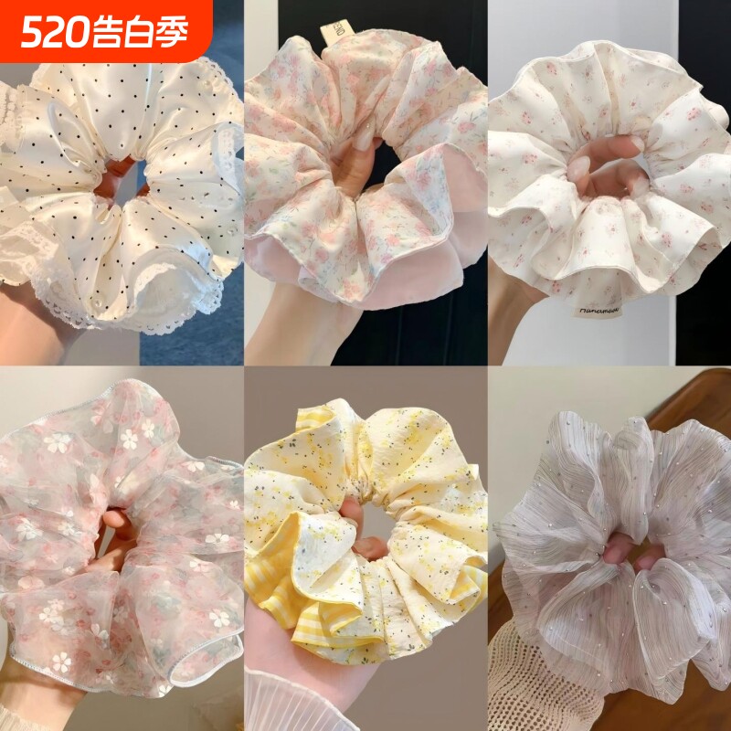 蜜桃发圈~粉色碎花双层大肠女高级感头绳丸子头超大发饰波点缎面