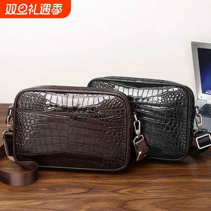 新款鳄鱼肚纹男士单肩斜跨包真皮邮差包横款牛皮男包斜挎头层