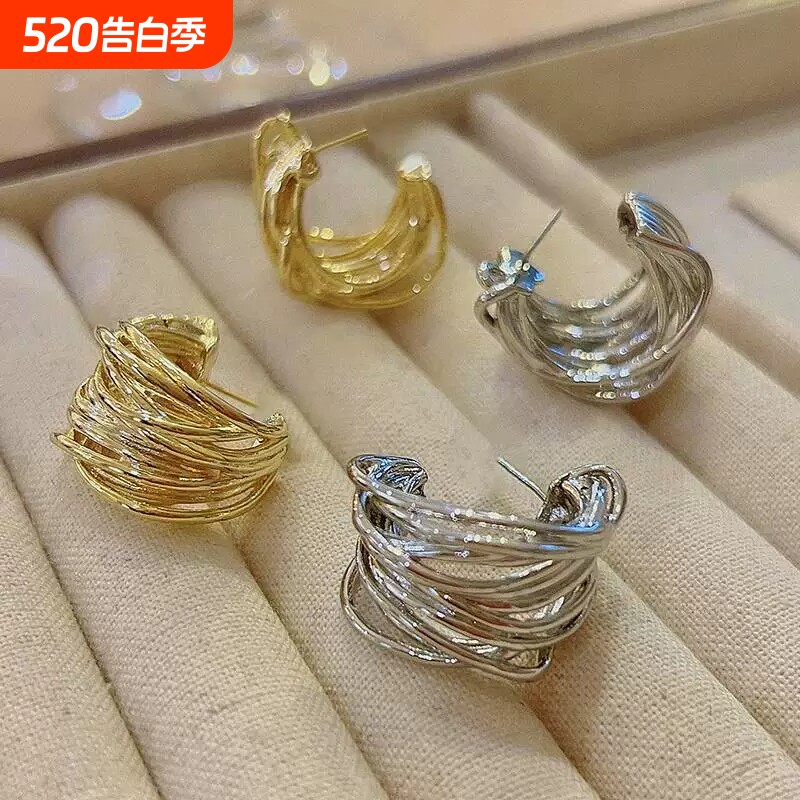 欧美时尚高级感轻奢耳环女几何C形圆圈复古个性耳钉耳饰