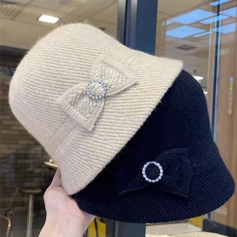 新款帽子女士秋冬拼色保暖羊毛渔夫帽优雅卷边盆帽高级感礼帽黑色