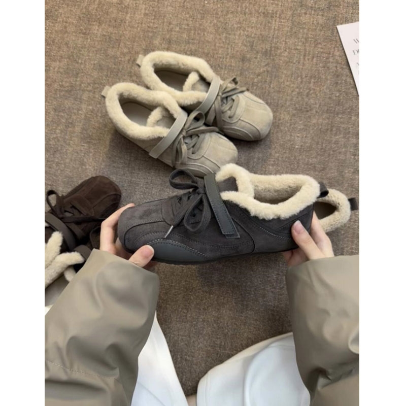真皮厚底加绒保暖德训鞋女冬季灰色百搭户外徒步休闲运动毛毛棉鞋