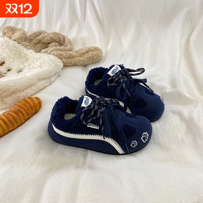 克莱因蓝加绒德训鞋子女2025冬季新款爆款保暖厚底百搭休闲二棉鞋