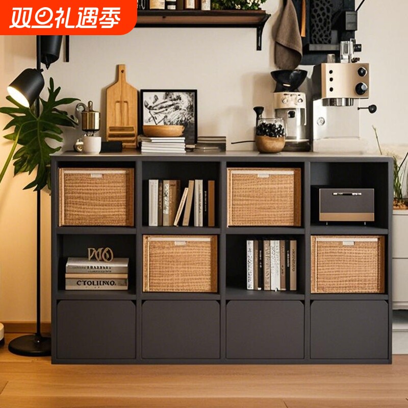 书架高级黑落地置物架九格书柜客厅沙发边柜收纳柜组合展示储物柜