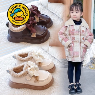 小黄鸭真皮女童皮鞋冬款2025新款儿童二棉豆豆鞋加绒软底棉鞋白色