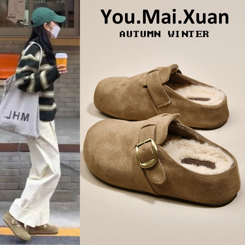 厚底勃肯鞋女外穿包头半拖2025秋冬新款懒人孕妇加绒保暖毛毛棉拖