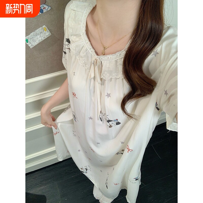 夏季短袖睡裙女带胸垫可爱卡通少女棉绸奶fufu睡衣女士家居服薄款