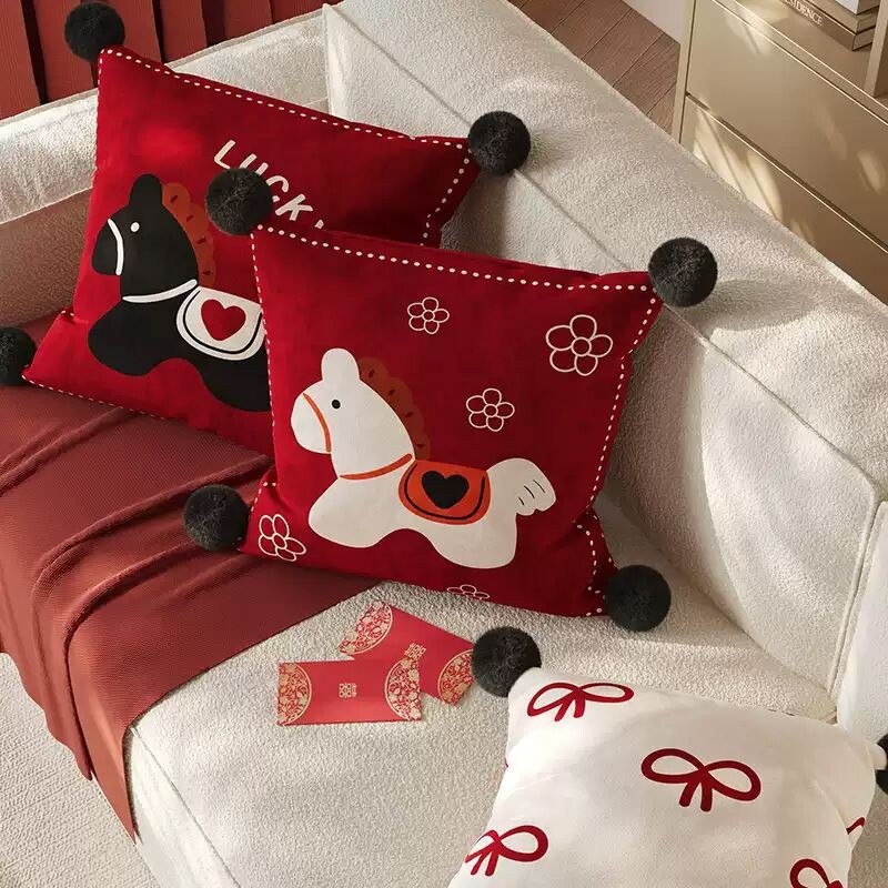 新年马年抱枕客厅沙发装饰靠背垫卧室靠枕靠枕垫不含芯方形可拆洗