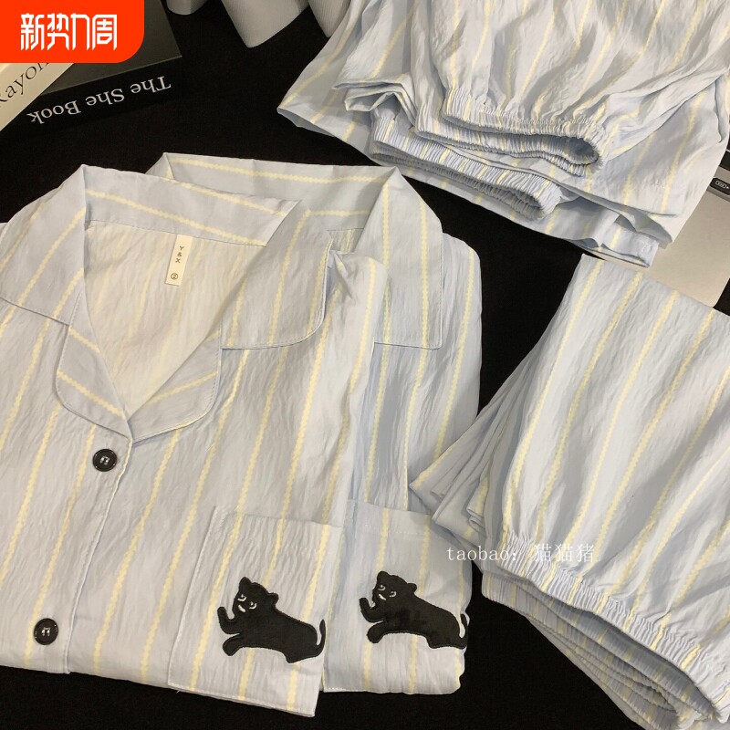 红豆刺绣黑猫情侣男士女睡衣纯棉纱三件套夏天短袖条纹大码薄款家