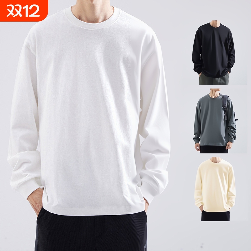 黑色长袖纯色T恤宽松圆领男式