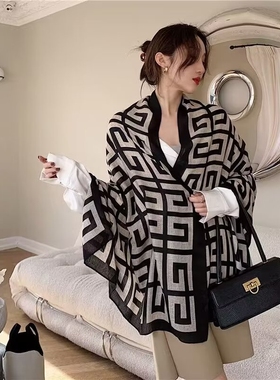 围脖女秋冬高级感冬季气巾两用围巾披春秋棉麻肩老花灰色绿色咖色