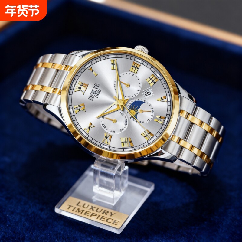 正品瑞士2024新款手表男士全自动机械风防水精钢带双日历男表夜光