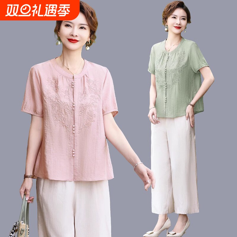 新中式妈妈装夏季洋气国风套装2025新款中老年女夏装短袖棉麻衬衫