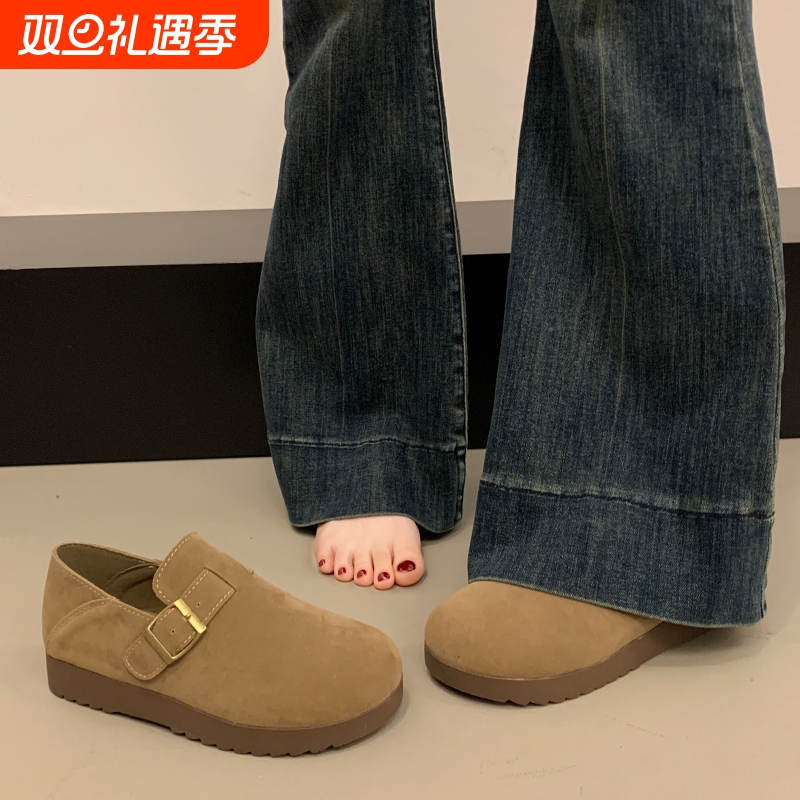 勃肯鞋女春季2025新款秋冬加绒一脚蹬棉鞋乐福豆豆鞋全包博肯单鞋