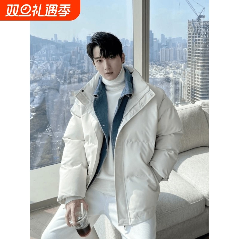 户外牛仔拼接羽绒棉服男款冬季假两件棉衣韩版潮流加厚面包服外套