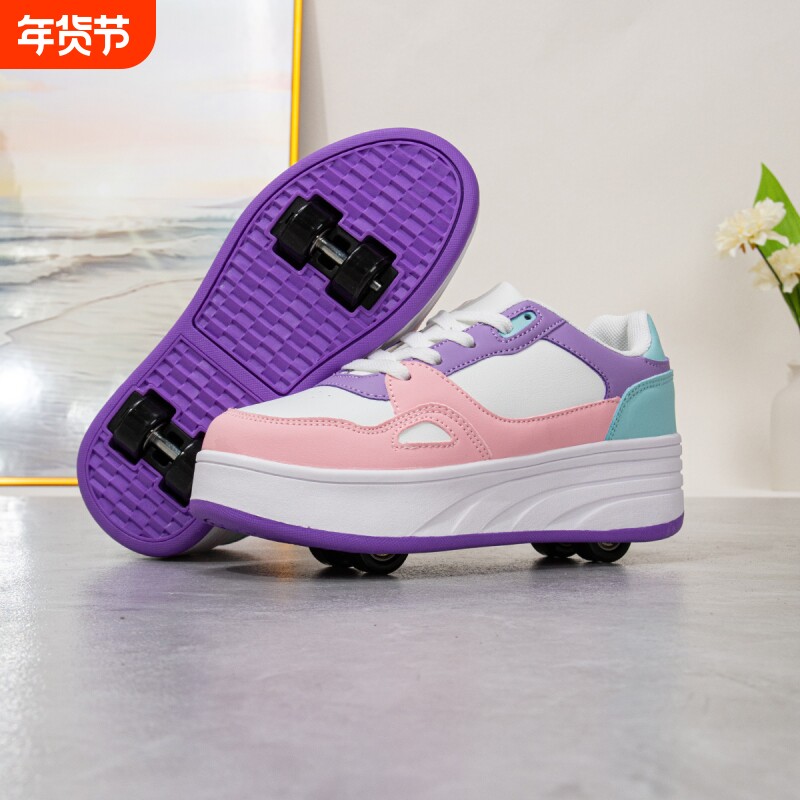 2025新款pu儿童轮滑鞋时尚潮流款四轮平稳滑行防滑耐磨