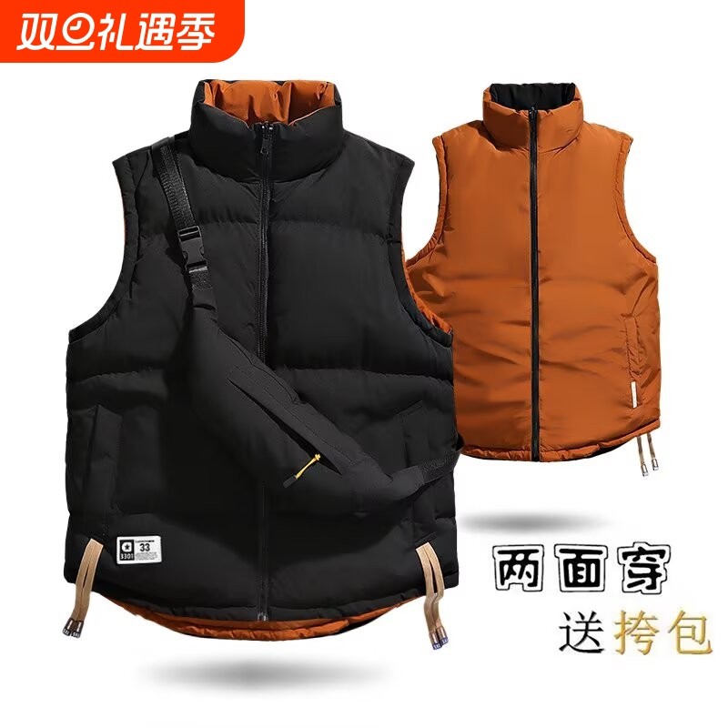 送挎包羽绒棉马甲背心男女同款秋冬潮牌双面穿坎肩情侣保暖外套男