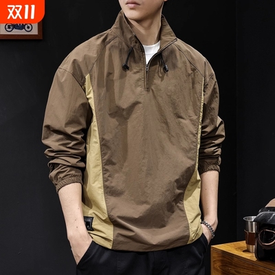 秋季新款半拉链立领衬衫男士美式户外速干冲锋衣工装拼色山系外套