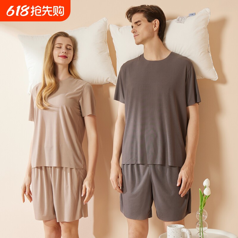 清凉情侣睡衣女士圆领短袖睡裤套装夏天短裤男薄款无痕冰丝家居服